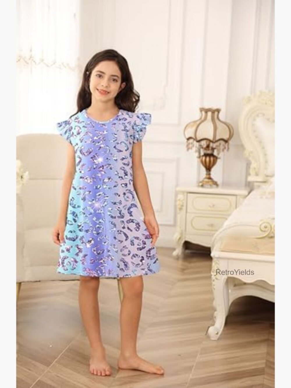 Girls Flutter Sleeve Nightgown Pajama Dress 5-12 Years - Picture 2 of 7